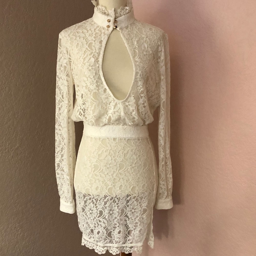 NWT House of CB White lace come hither semi sheer mini dress size small EUC*